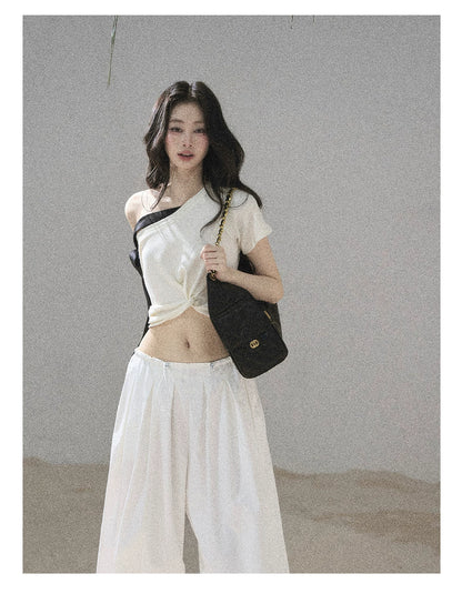 "Moonlight Upon Her" Creamy Apricot Off-Shoulder Twist Cropped T-Shirt