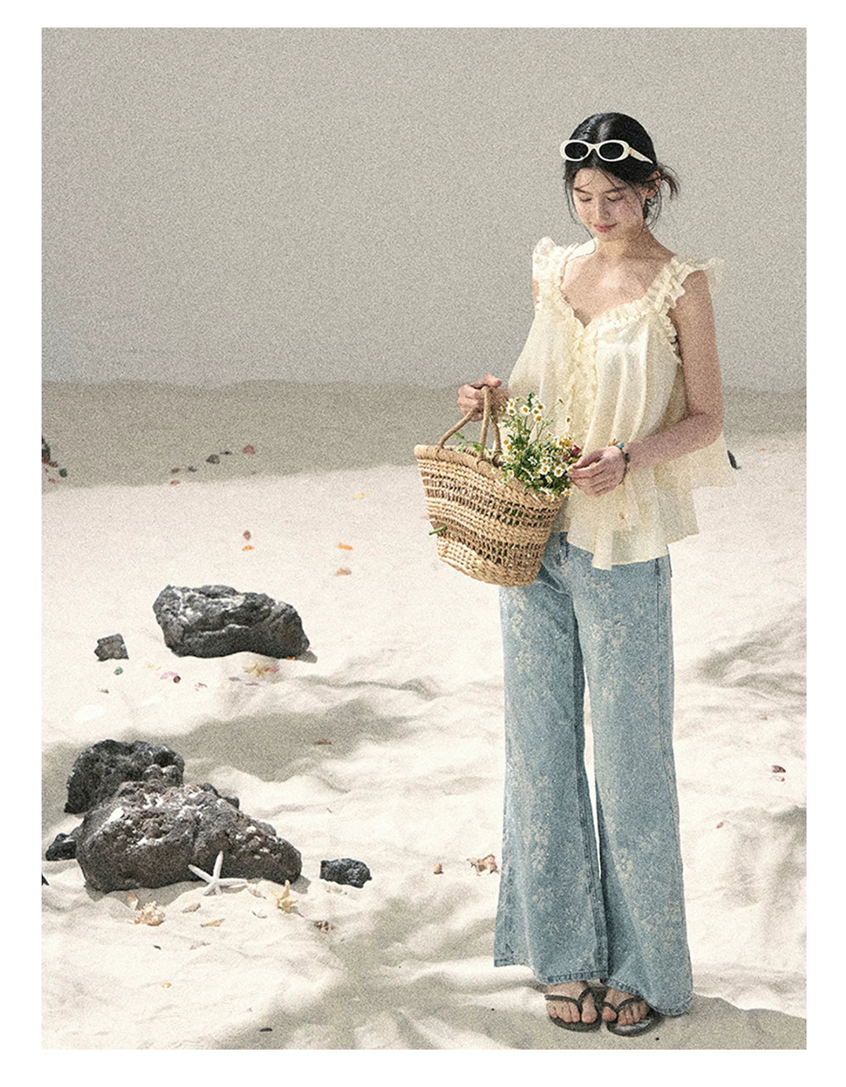 "Twinkling Starlight" Sky Blue Floral Rhinestone Wide-Leg Jeans