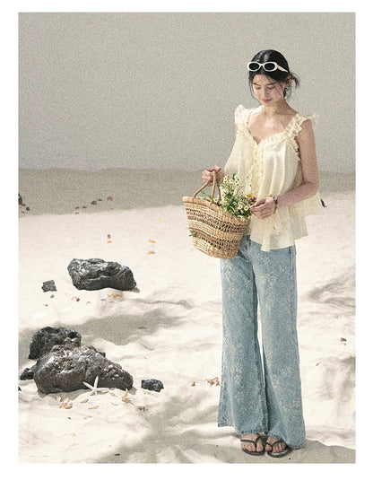 "Twinkling Starlight" Sky Blue Floral Rhinestone Wide-Leg Jeans