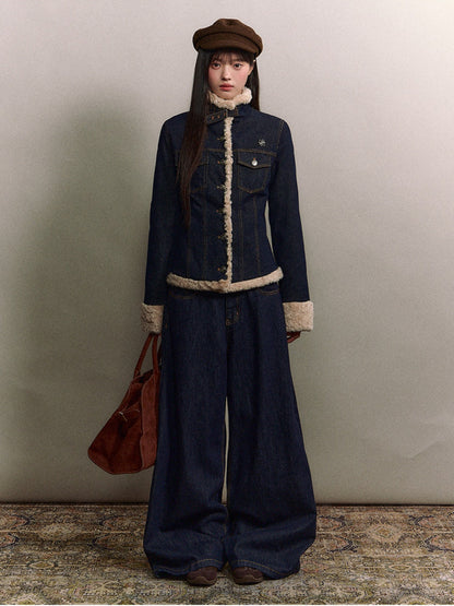 Soote Season - "Raw Denim Muse" Cinched Waist Fur-Trim Denim Down Jacket