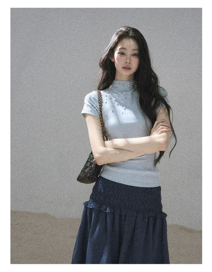 "Scattered Across the Milky Way" Pearl Beaded Knit T-Shirt (Haze Blue/ Sage Gray)