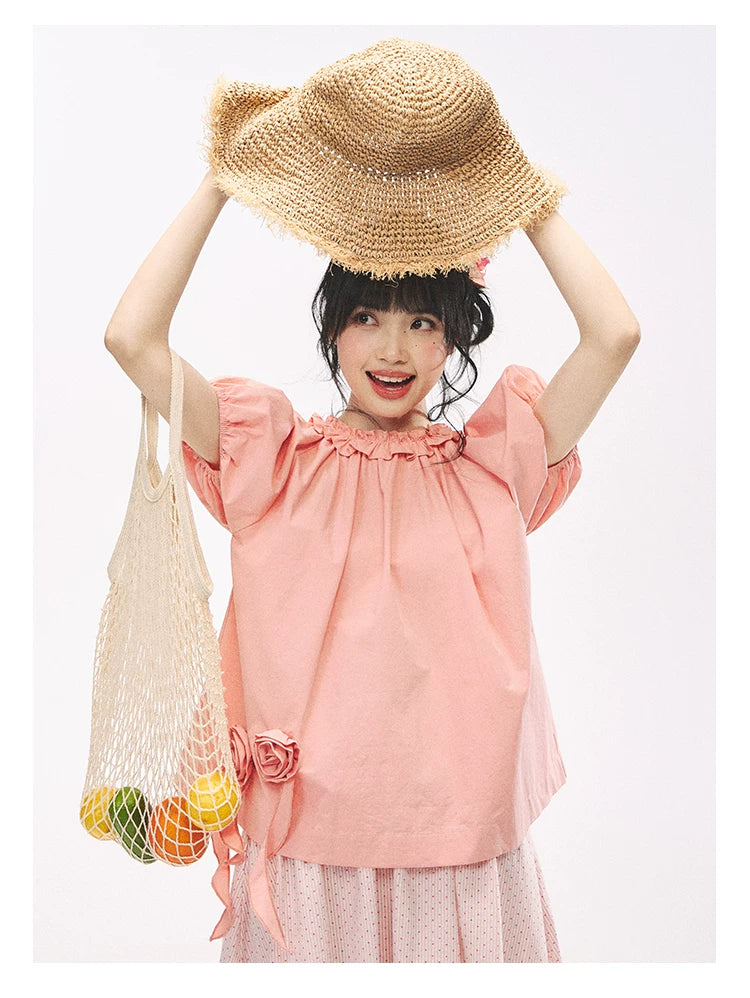 "Pink Grapefruit Bloom" Grapefruit Red Rose Puff Sleeve Blouse