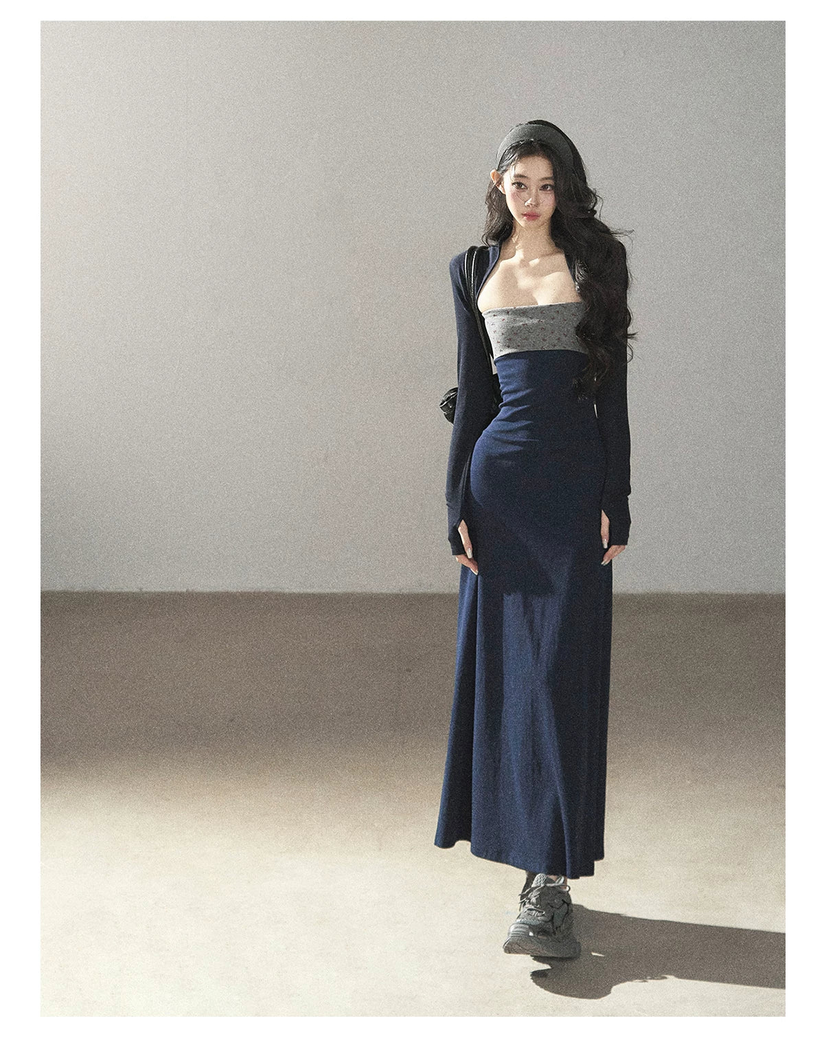 AOMALM - Iris Blue Two-Piece Dress Set – Strapless Maxi with Long Sleeve Cardigan