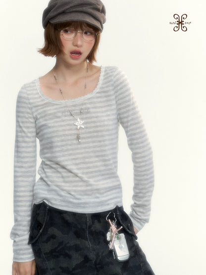 “Early Gray” Light Gray Striped Lace-Trimmed Fitted Long-Sleeve Top