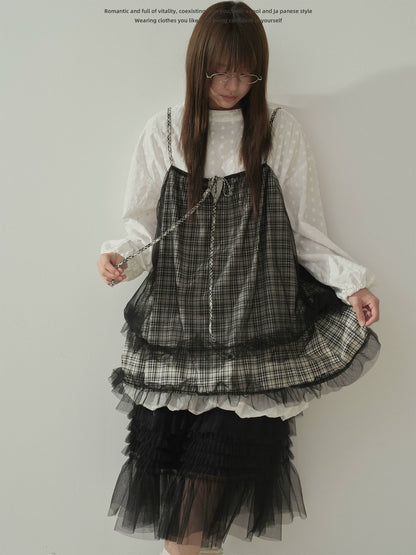 "Layered Breeze" Black & White Plaid Mesh Layering Cami Top