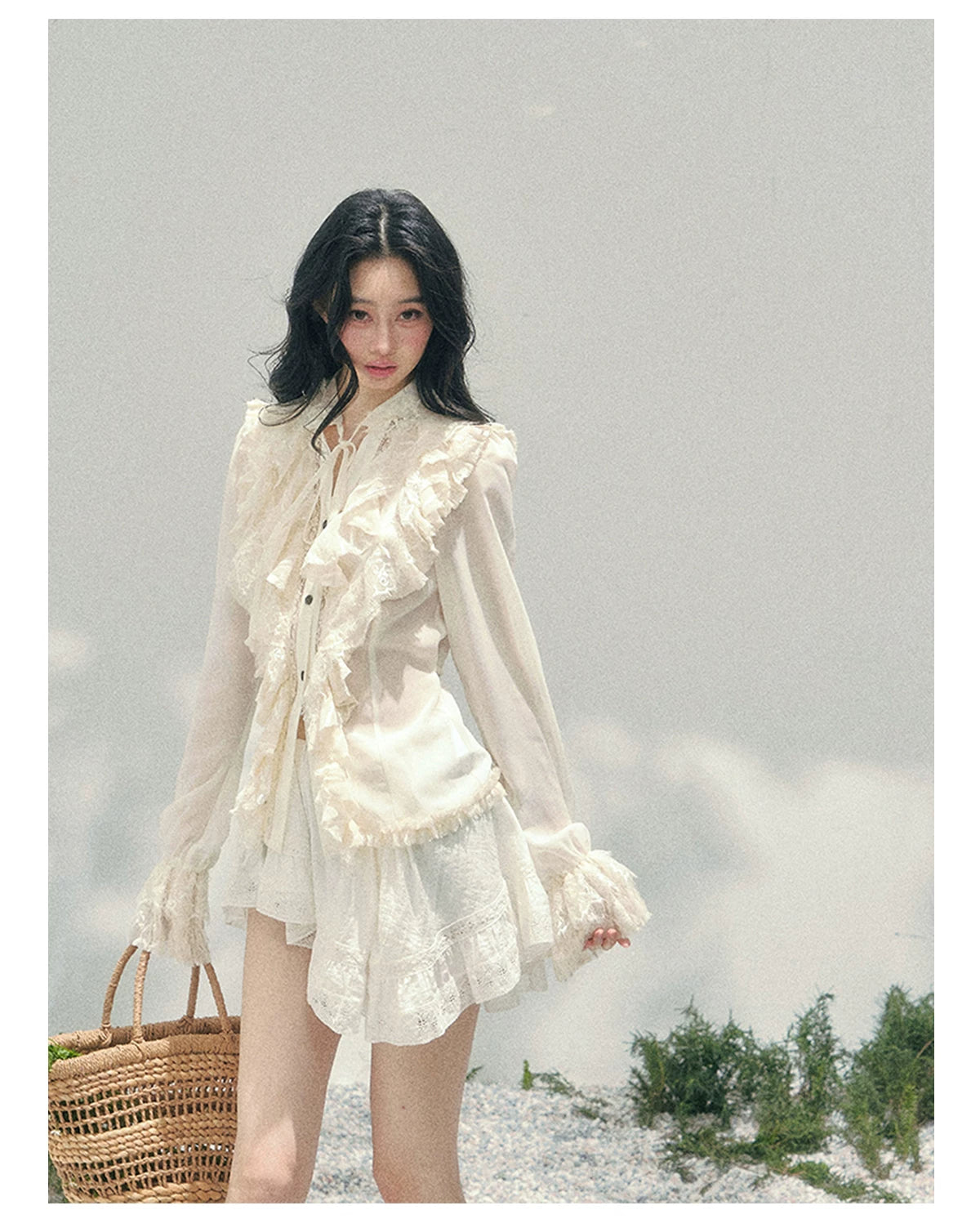 “Memory in Bloom” French Court Lace Flare Sleeve Top