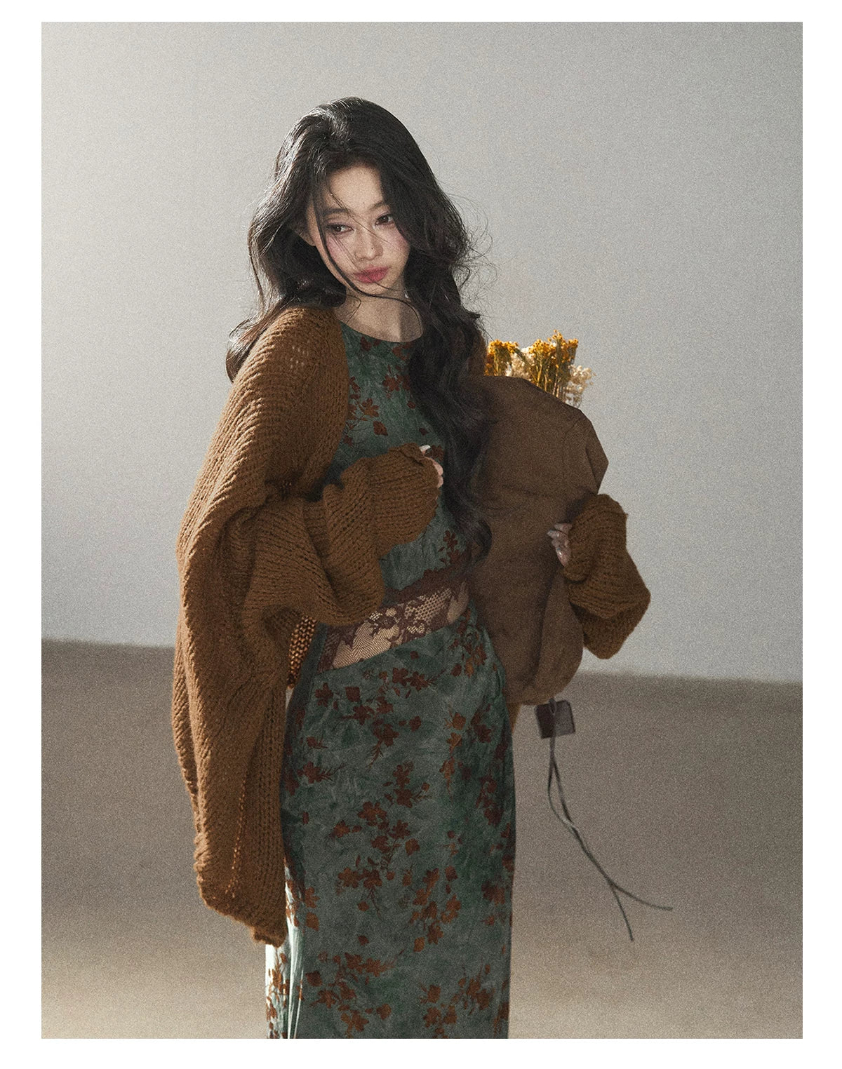 AOMALM - Olive Green Lace Floral Mermaid Maxi Dress
