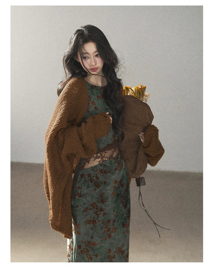 AOMALM - Olive Green Lace Floral Mermaid Maxi Dress