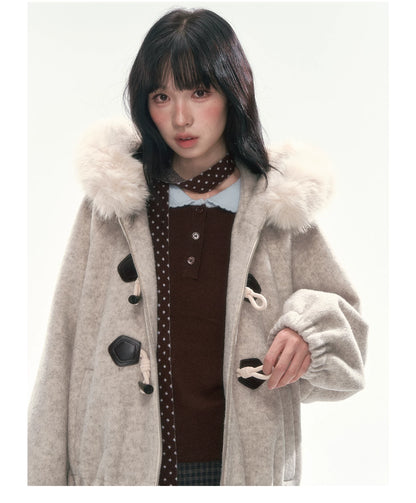 CAN - "Frosted Cloud Reverie" Beige Gray Detachable Faux-Fur Collar Wool-Blend Jacket