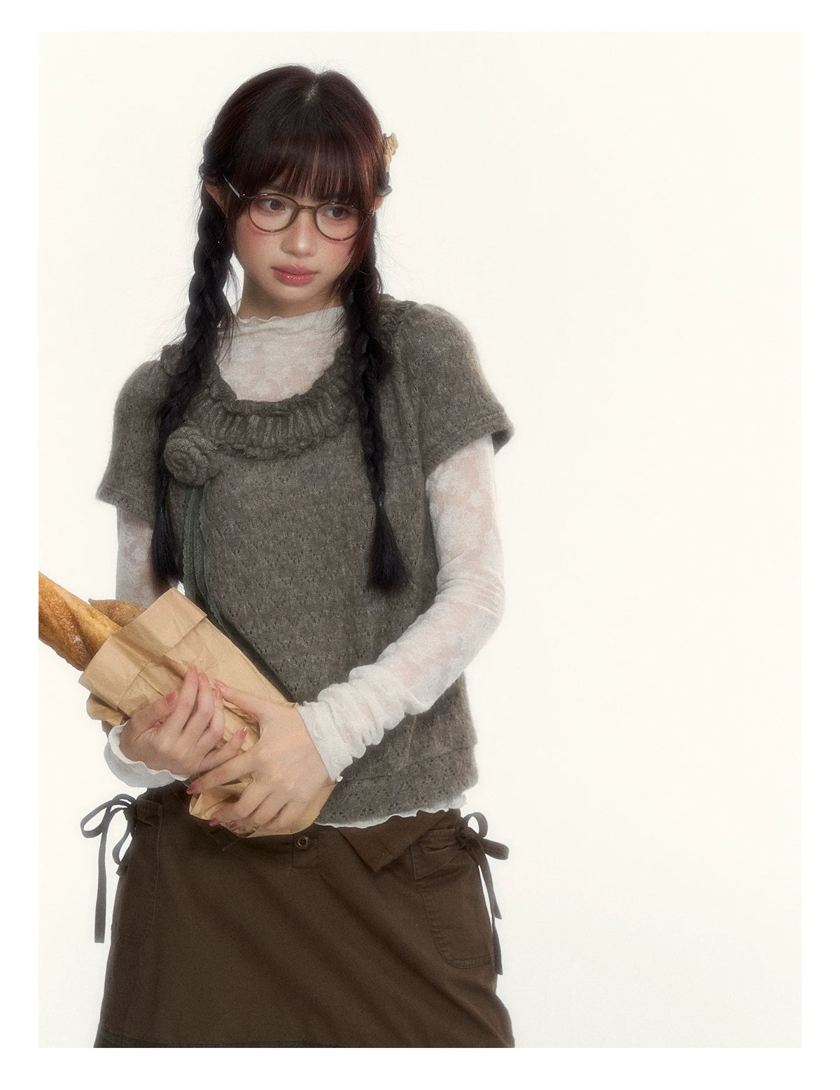 “Hazelnut Mousse” Tea Brown Vintage 3D Floral Ruffle Knit Top