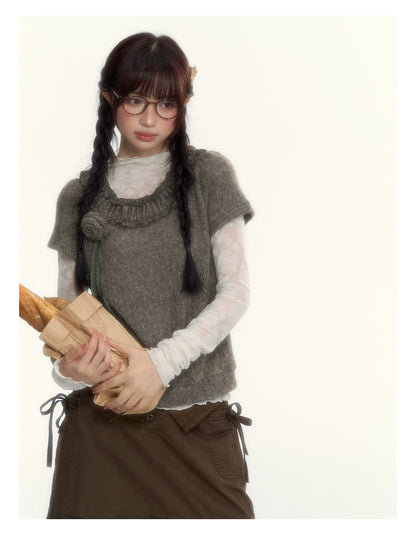 “Hazelnut Mousse” Tea Brown Vintage 3D Floral Ruffle Knit Top