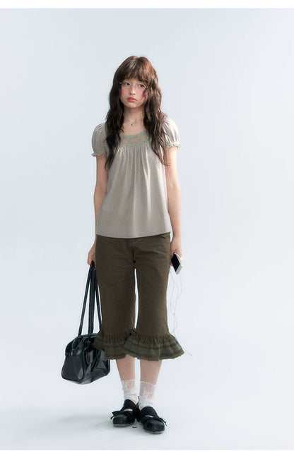 "Vintage Cream" Milk Gray Lace Trim Puff Sleeve T-Shirt