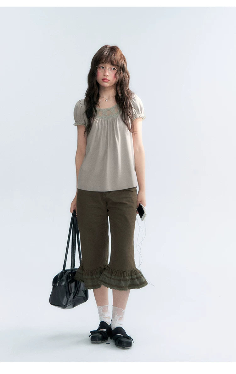 "Forest Cocoa" Dark Coffee Green Flare Capri Pants