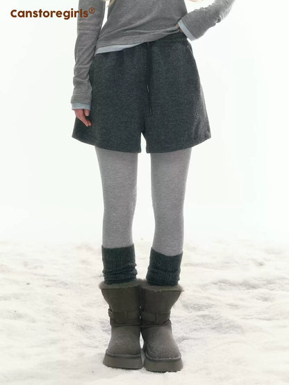 [CAN] “Gray Fluffy Lazy Cloud” Wool-Blend High-Waist Shorts WW2025451