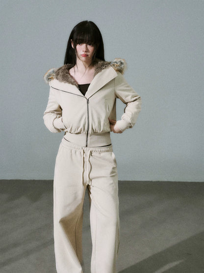 LOST FOREST - Milk Tea High-Waisted Fleece-Lined Sweatshirt Jacket