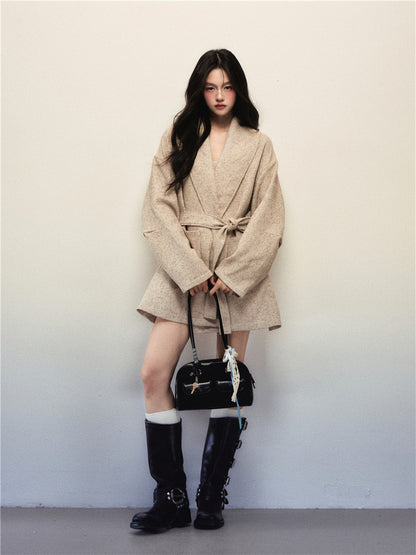 1P - Apricot Woolen Belted Coat & Tube Dress Set