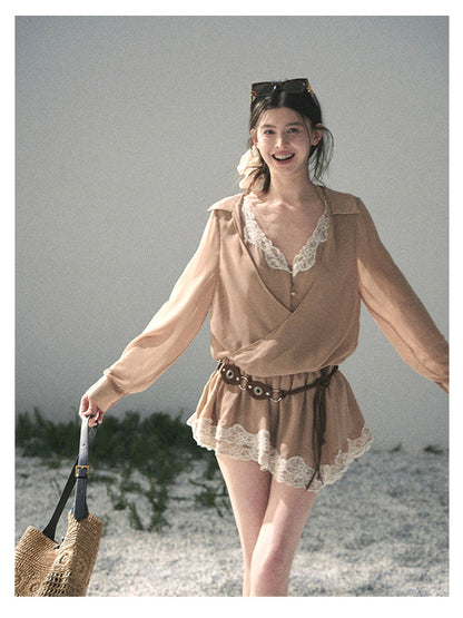 少也眼 “Hidden in the Evening Breeze” Cheese Yellow Faux Two-Piece Chiffon Dress 146