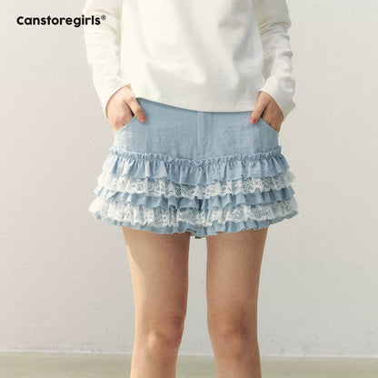 "Sea Salt Cream Mood" Lace Trim Cake Shorts LL2026029