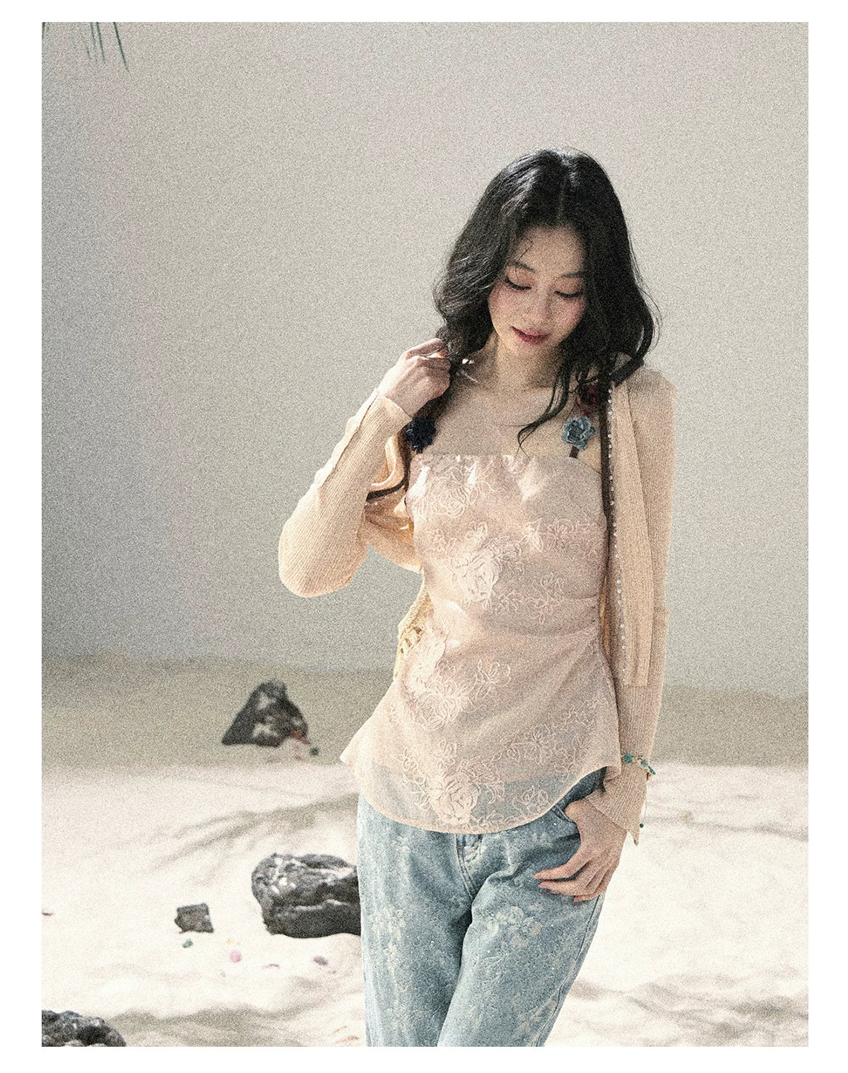 "Begonia in the Evening Breeze" Lotus Pink Embroidered Floral Cami Top