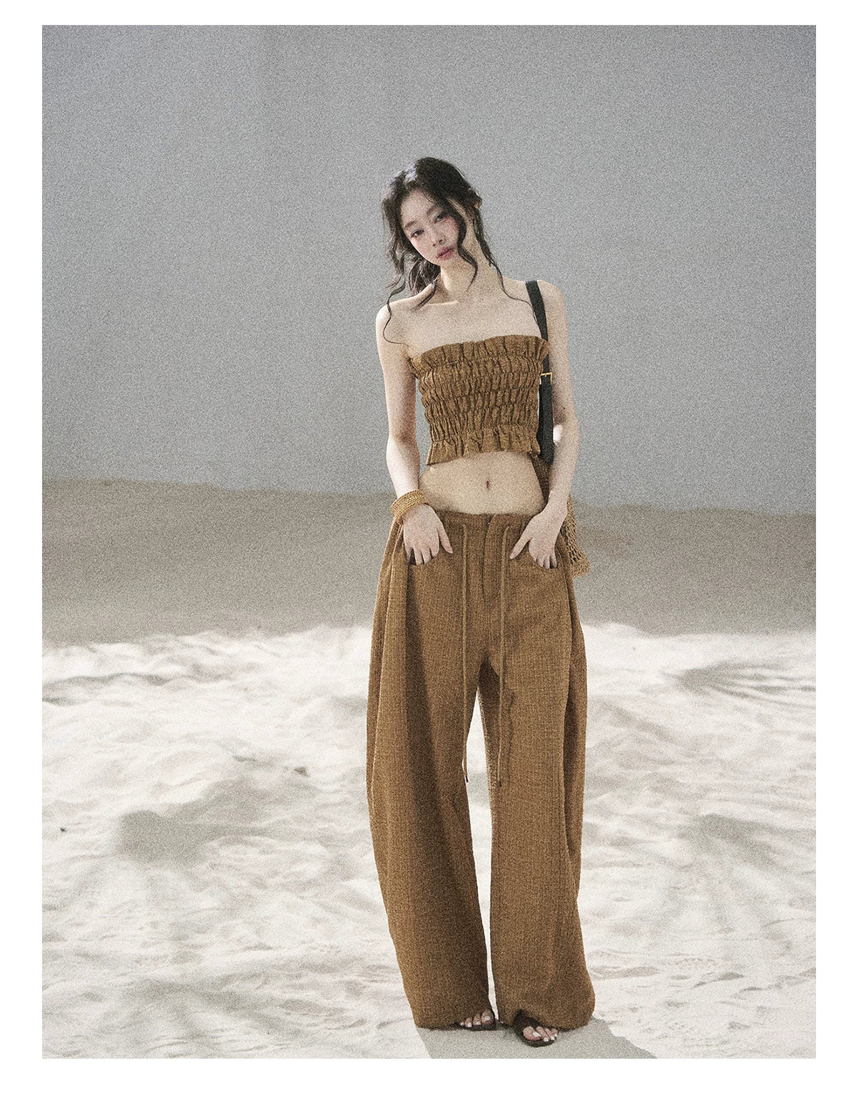 "Caramel Dusk" Ash Caramel Shirred Bandeau Top & Relaxed Pants Set