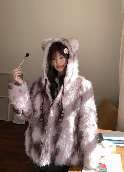 阮阮自制 - "Sweet Beauty Mark" Ombre Faux Fur Hooded Puffer Jacket