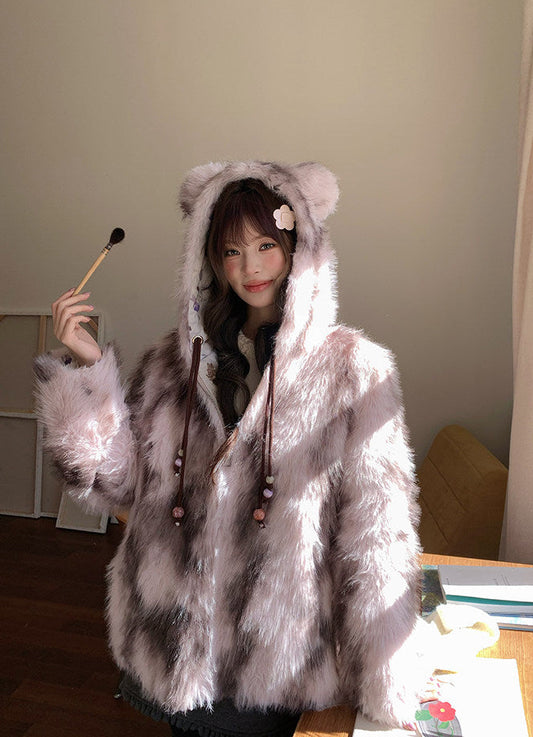 阮阮自制 - "Sweet Beauty Mark" Ombre Faux Fur Hooded Puffer Jacket