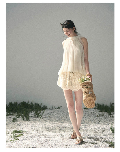 “Summer Light Through Pleats” Ivory Lace Pleated Halter Blouse
