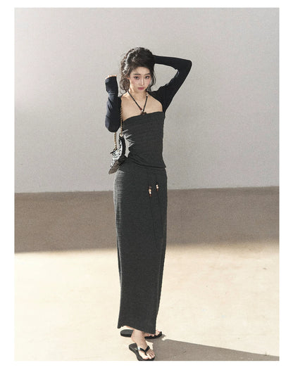 AOMALM - Whale Gray Convertible Knit Tube Top & Maxi Skirt Set