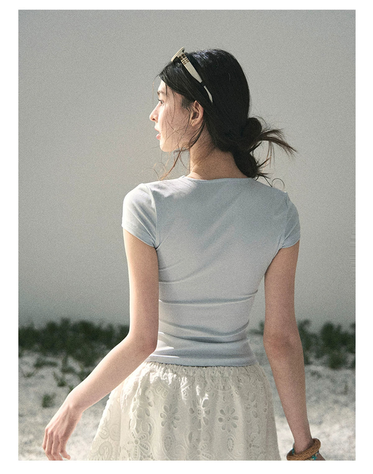 “Sheer Spring Whisper” Moonlight Blue Twist V-Neck Top