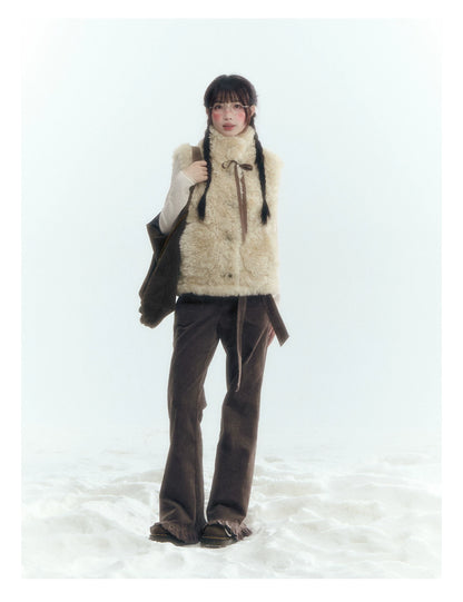 Horridale - Milk Tea Brown Floral Belt Corduroy Flare Pants