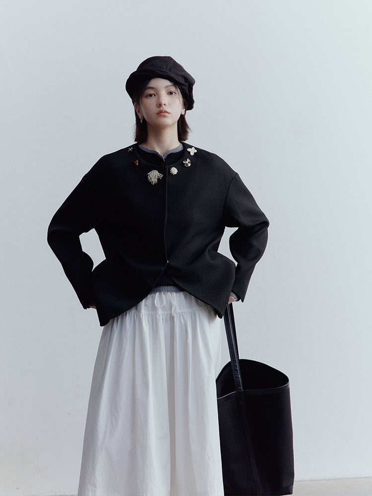 FUSSED Curious Museum Wool Tweed Jacket – Art Button Embellished in Elegant Black FOF-25SS131