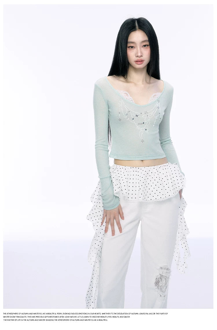 JN's DESIGN - Fitted Lace Long-Sleeve Top with Pearl Rhinestones