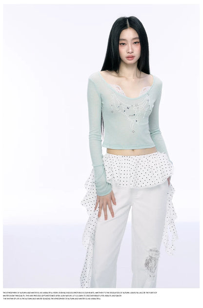 JN's DESIGN - Fitted Lace Long-Sleeve Top with Pearl Rhinestones