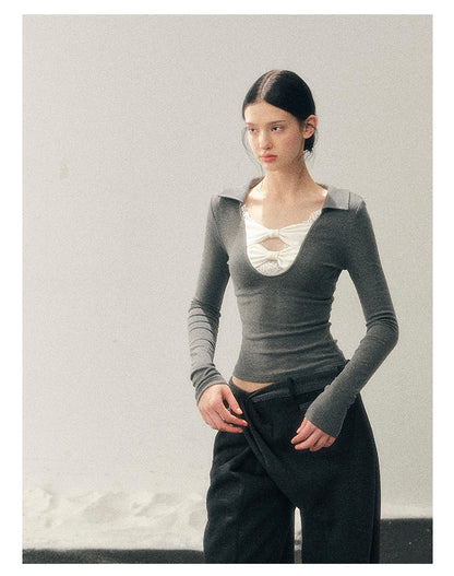 少也眼 “Silent Afterecho” Bow-Detail Top - Intellectual Gray