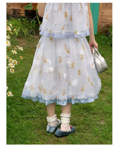 [RF] “Blue Teddy Fairytale” Bear Print Two-Piece Dress Set