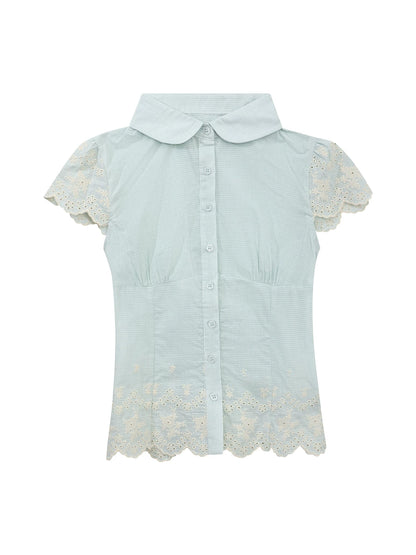 "Garden Departure" Green Waist-Defined Peter Pan Collar Blouse
