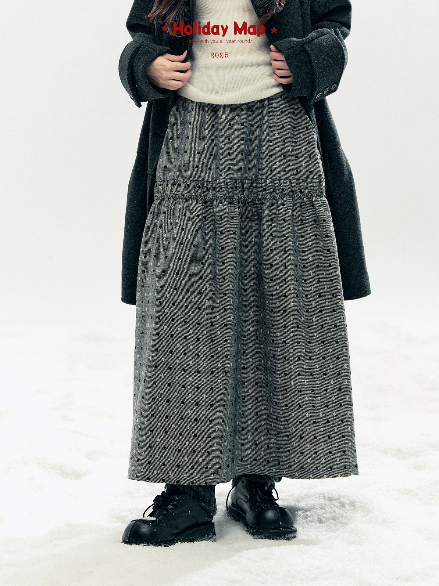 "Snowfall Polka" Charcoal Polka Dot Wool-Blend Midi Skirt