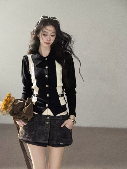 AOMALM - "Nocturne of Pine & Cypress" Black & White Contrast Knit Cardigan with Notched Collar