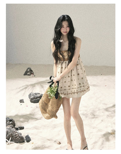 "Whispers Through the Wheat Fields" Oat Beige Floral Cami Babydoll Mini Dress