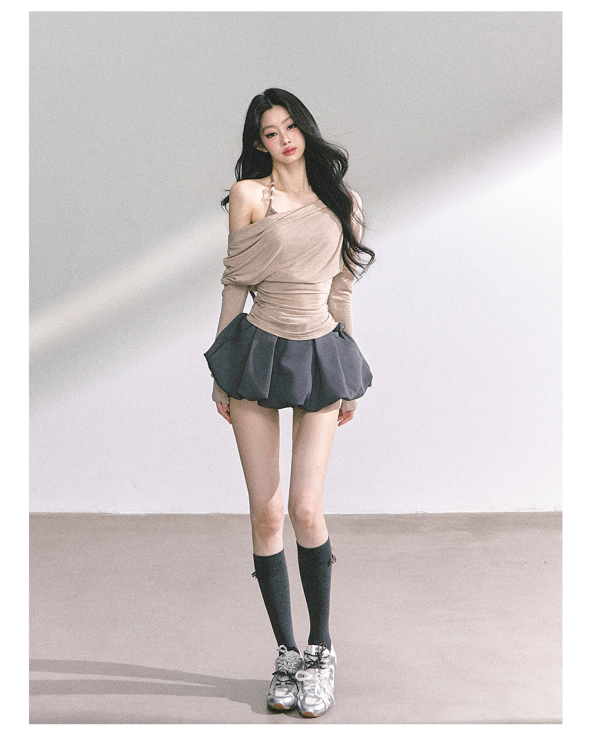 少也眼 "Soft Whisper" Korean Asymmetric Dual-Layer Off-Shoulder Top - Khaki