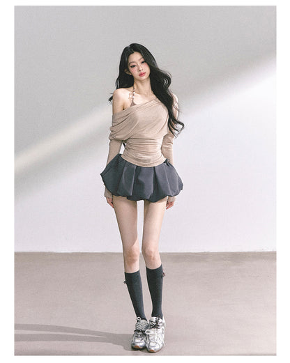 少也眼 "Soft Whisper" Korean Asymmetric Dual-Layer Off-Shoulder Top - Khaki