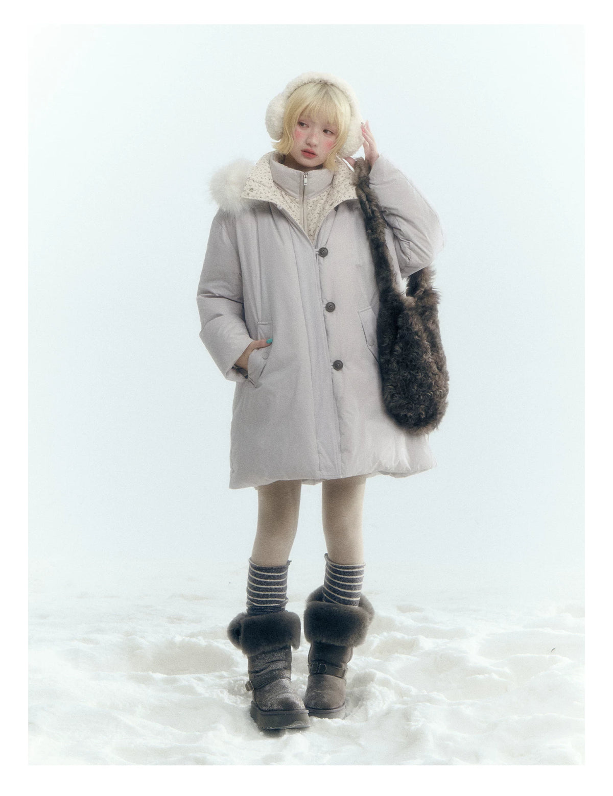 Horridale - Snow-Dusted Floral 90% White Duck Down Puffer Jacket (Light Peach Pink / Silver Gray)
