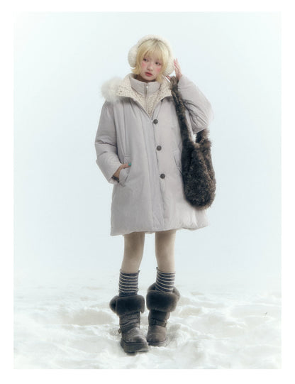 Horridale - Snow-Dusted Floral 90% White Duck Down Puffer Jacket (Light Peach Pink / Silver Gray)