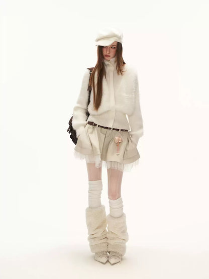 MAMC - White Wing-Detail Turtleneck Zip-Up Knit Sweater WE914