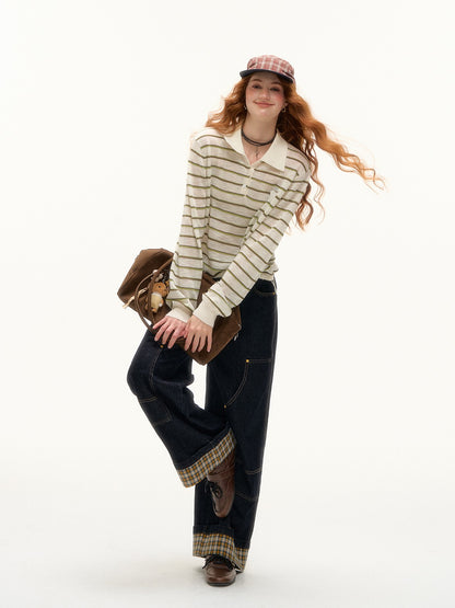 ASGONY - Plaid Cuff Contrast Wide-Leg Raw Denim Jeans (Yellow Plaid)