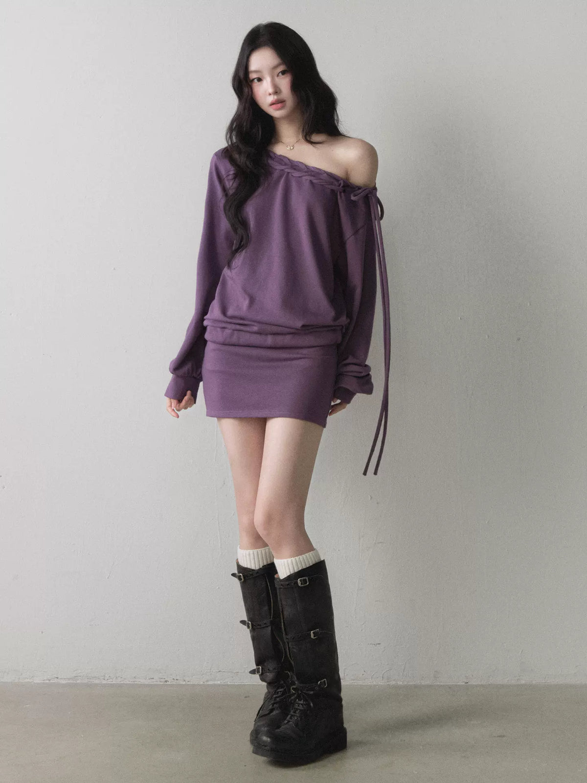 1P - Berry Purple One-Shoulder Sweatshirt & Mini Skirt Set
