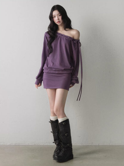 1P - Berry Purple One-Shoulder Sweatshirt & Mini Skirt Set