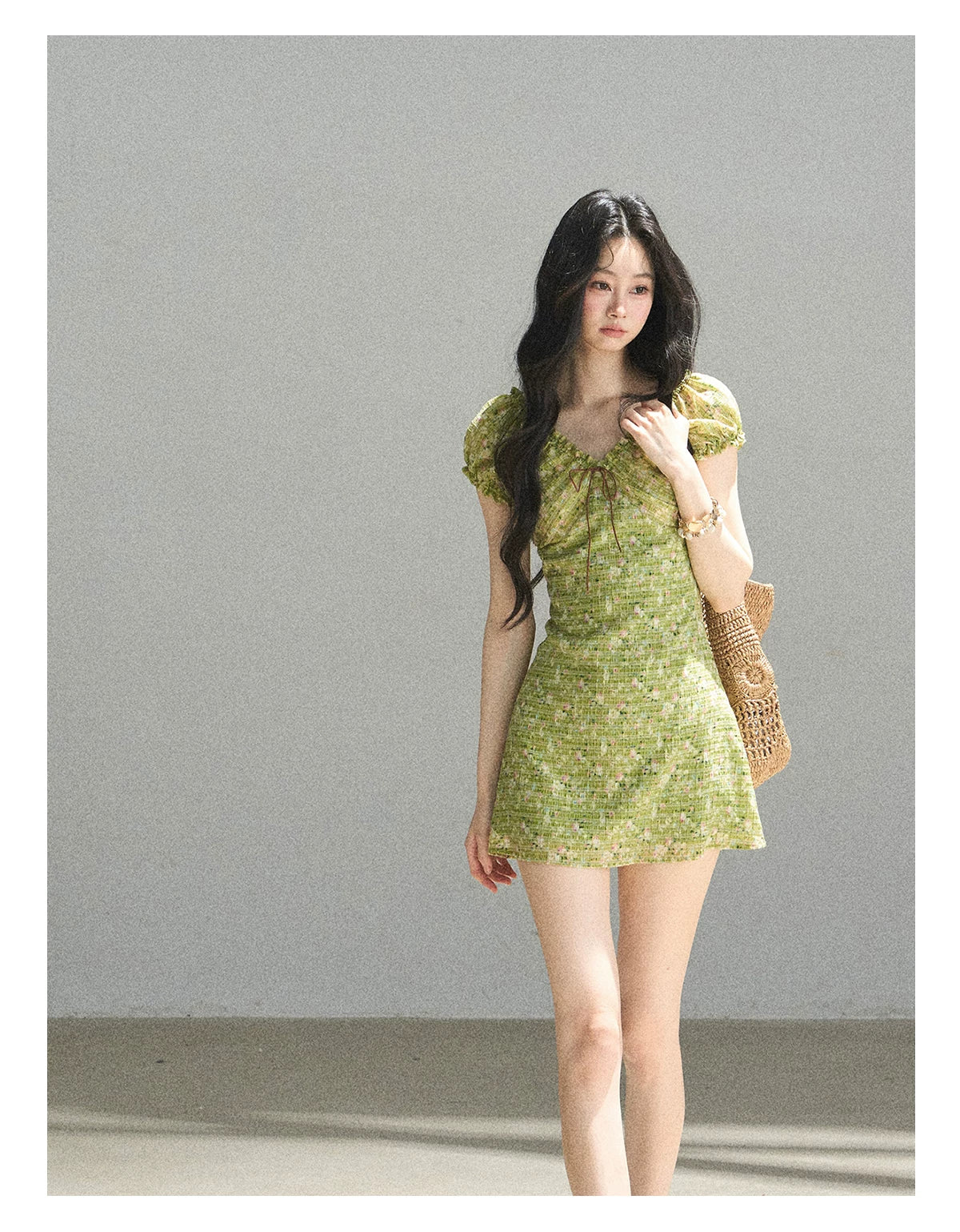 "Breath of the Forest" Misty Sage Embroidered Chiffon Mini Dress