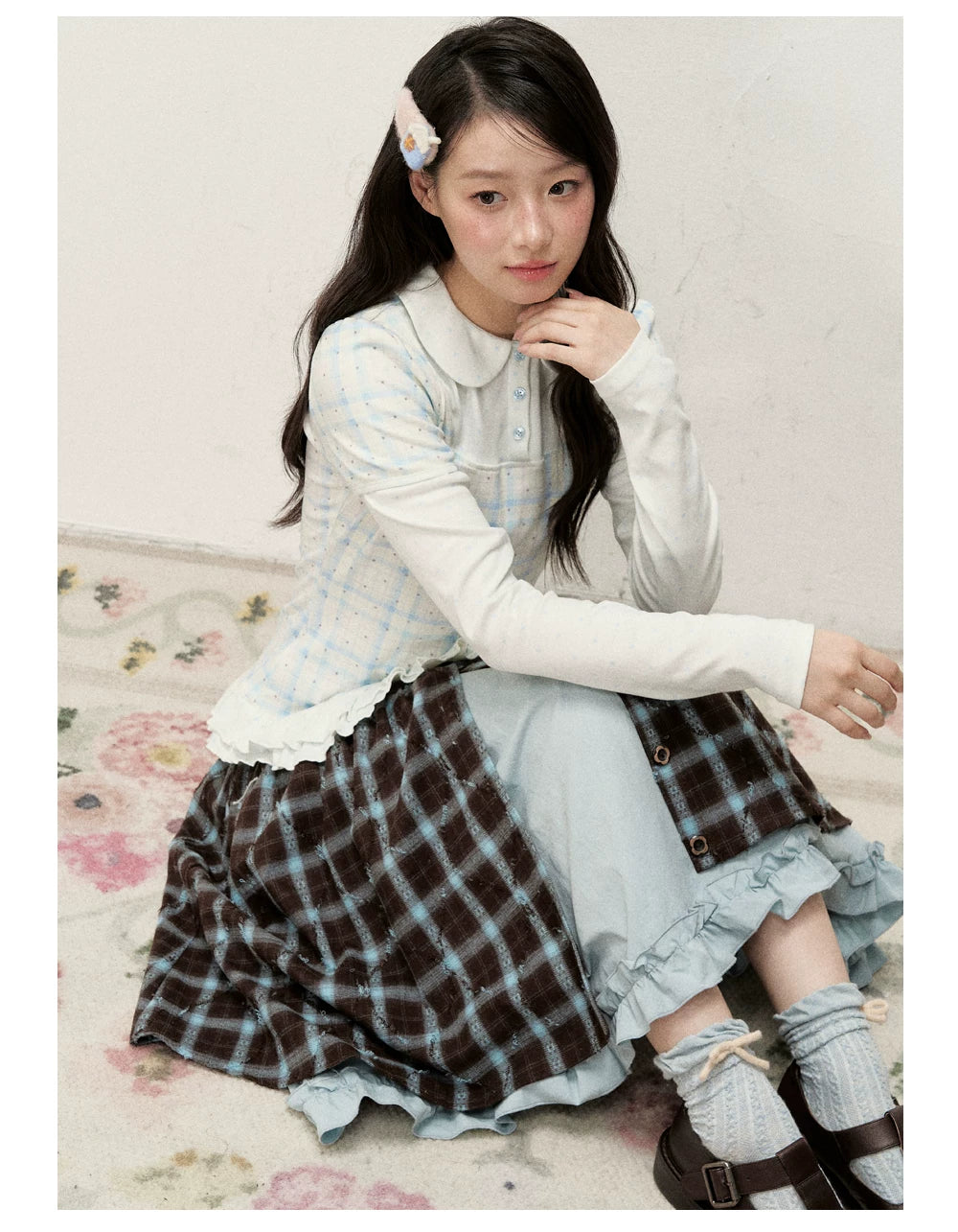 [RF] Star Blue Faux Two-Piece Lace-Trim Blouse with Peter Pan Collar