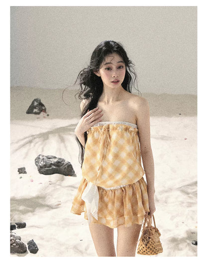 "Breeze Upon the Waves" Cheese Yellow Off-Shoulder Diamond Quilted Mini Dress